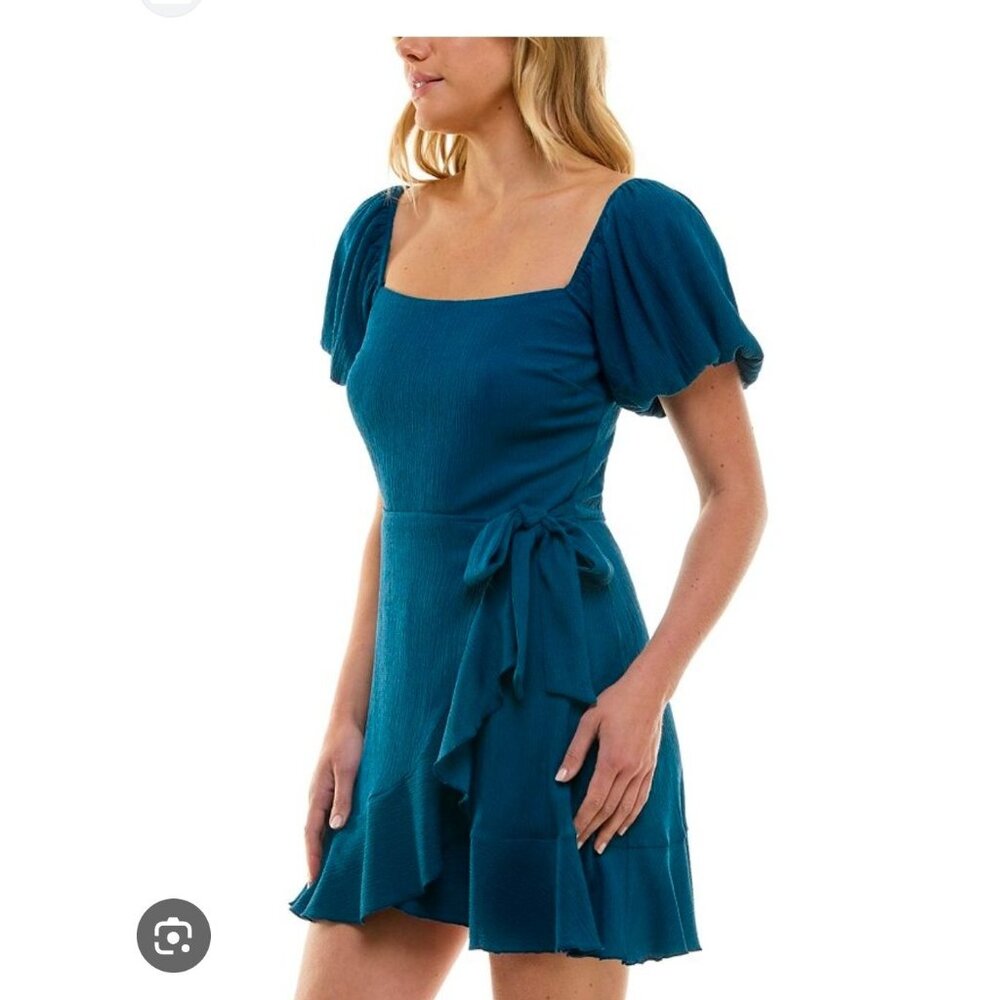 Trixxi Blue Short Puff Sleeve Dress With Tie Waist & Ruffle Hem - Size L